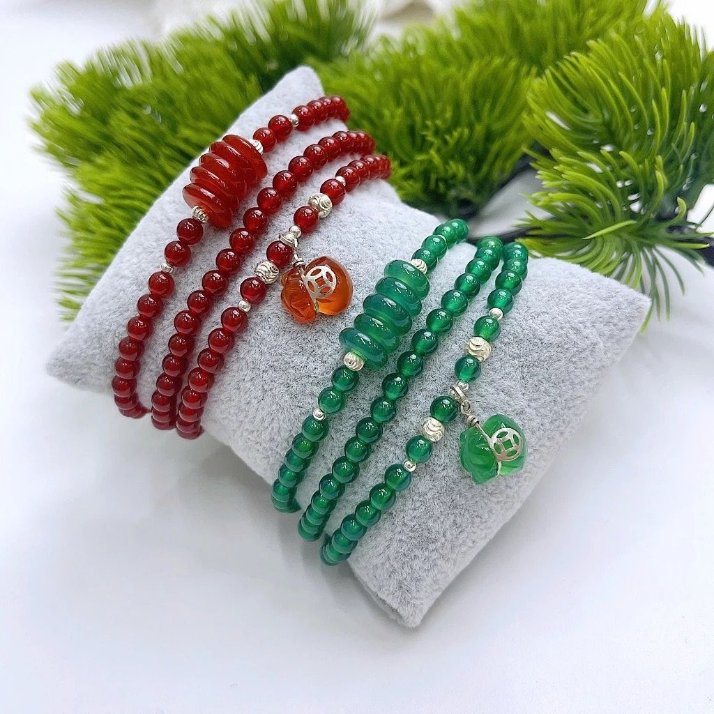 Vòng Tay Quấn 3 Đá Mã Não 4mm Mix Ngũ Điếu & Charm Túi Tiền Bạc 925